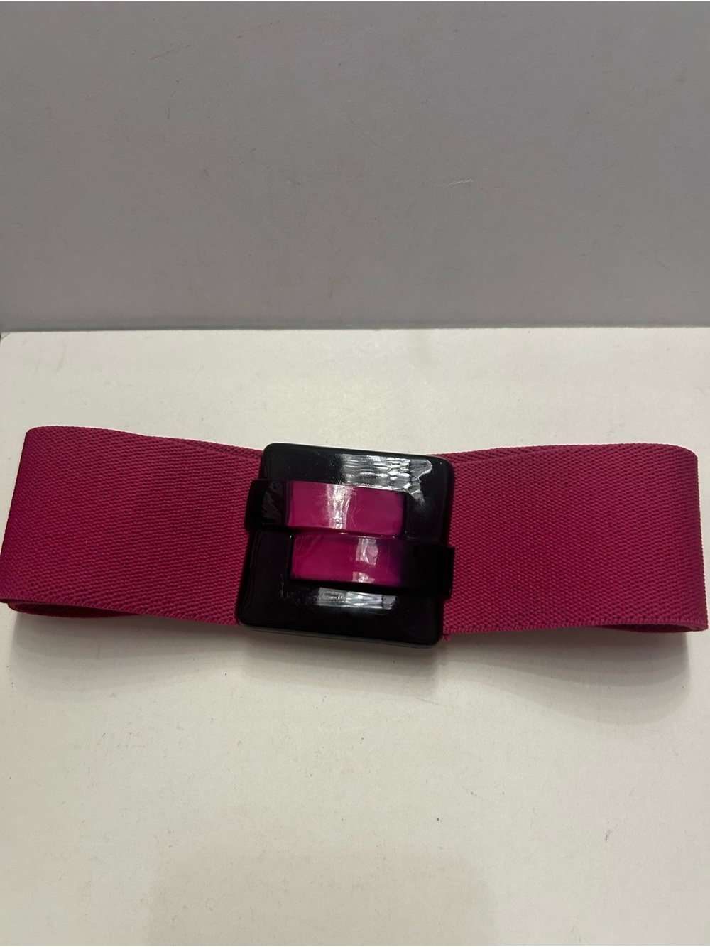 Vintage Fuchsia Pink Wide Elastic Belt Glossy Colorblock Plastic Buckle
